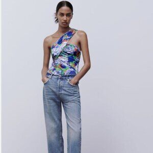ZARA NWT Women's Blue Multi Floral Asymmetrical One Shoulder Bodysuit Size Med